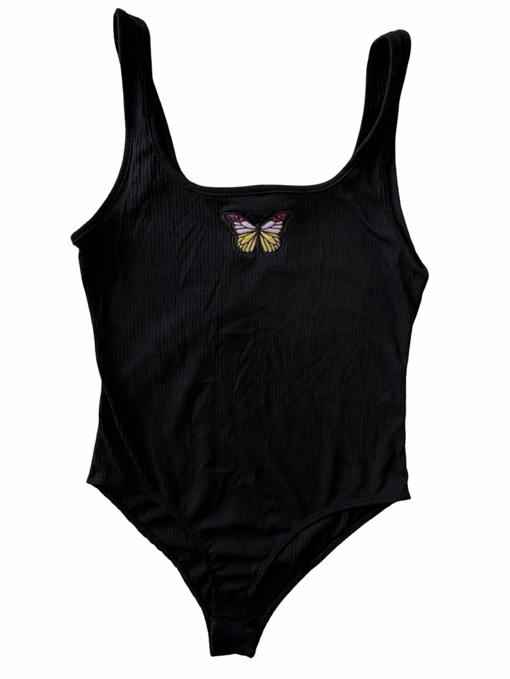 3/$15 EUC Embroidered Butterfly Black Tank Bodysuit Caution To The Wind Small
